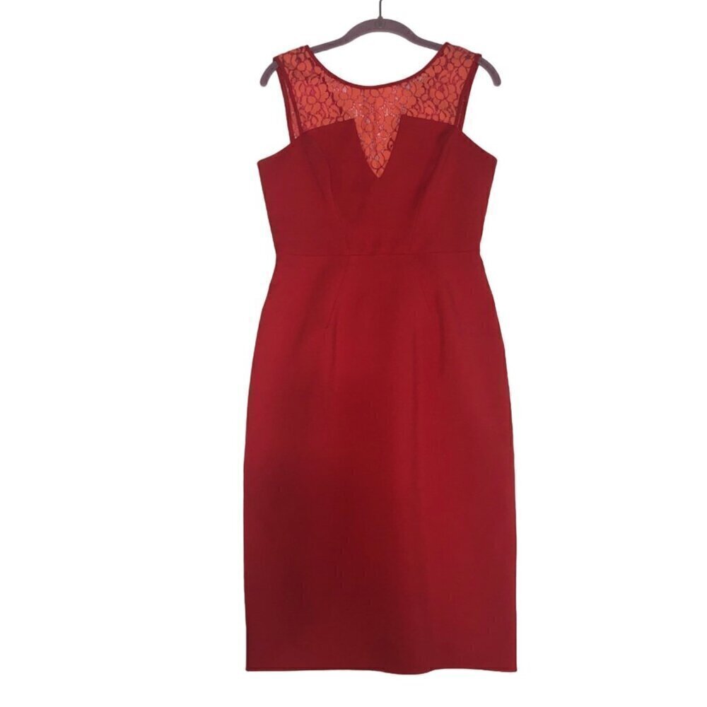 Wedding Guest Dress Size 4 Red Black Halo Lace Sleeveless Midi Pencil Stretch